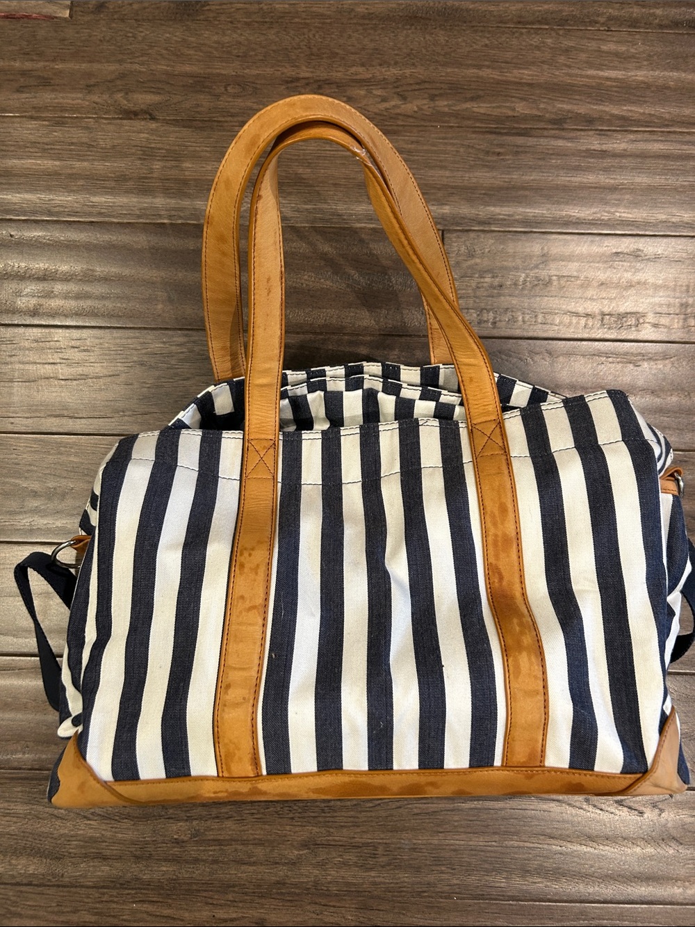 Pottery Barn Navy and White Striped Canvas Tote with Tan Leather Trim